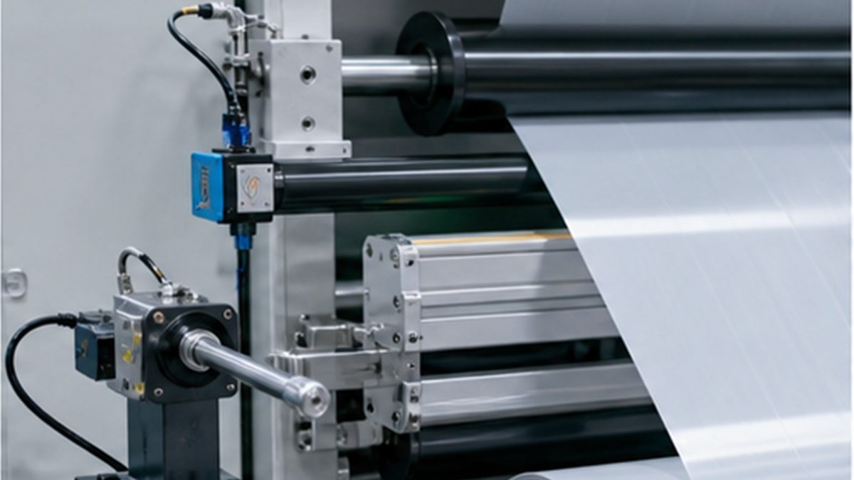 Flexible packaging film moving through a controlled web handling line