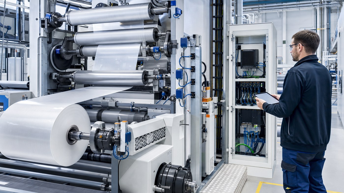 Engineer monitoring predictive maintenance data beside a connected roll-to-roll converting line