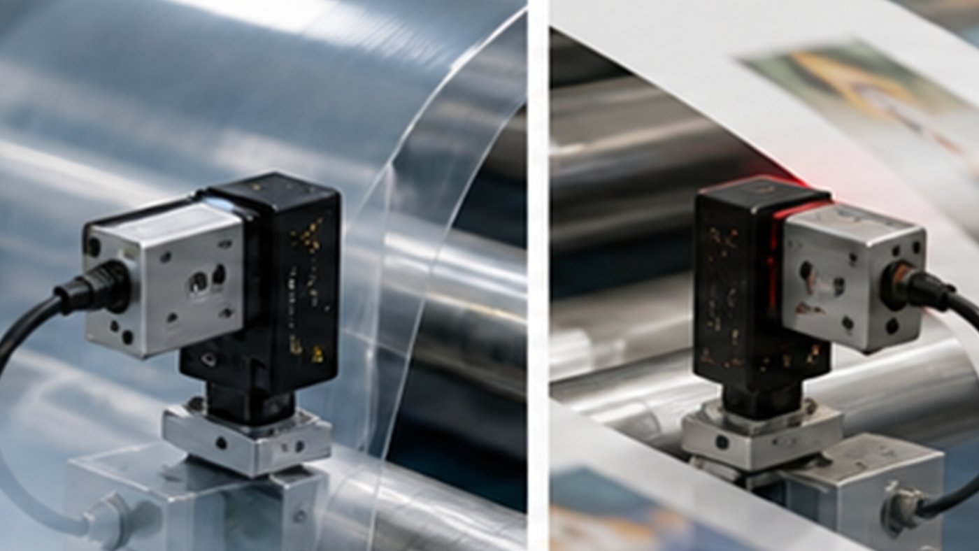 Industrial web guide sensor inspecting transparent and printed web material
