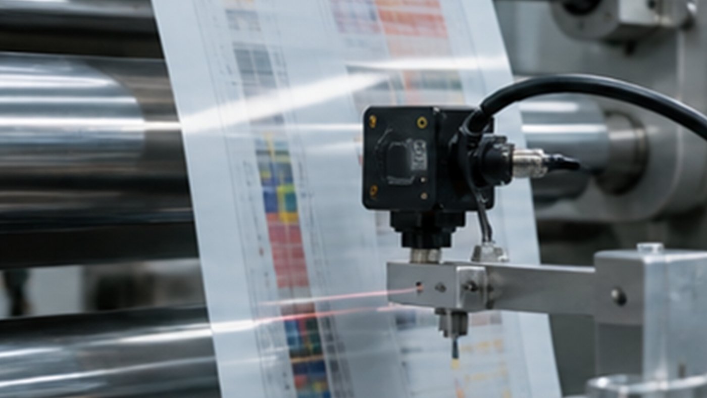 Printed film web guided through industrial printing rollers