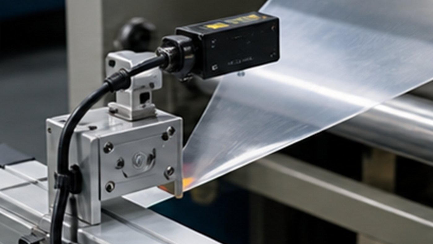 Web guiding sensor and actuator correcting film position on rollers